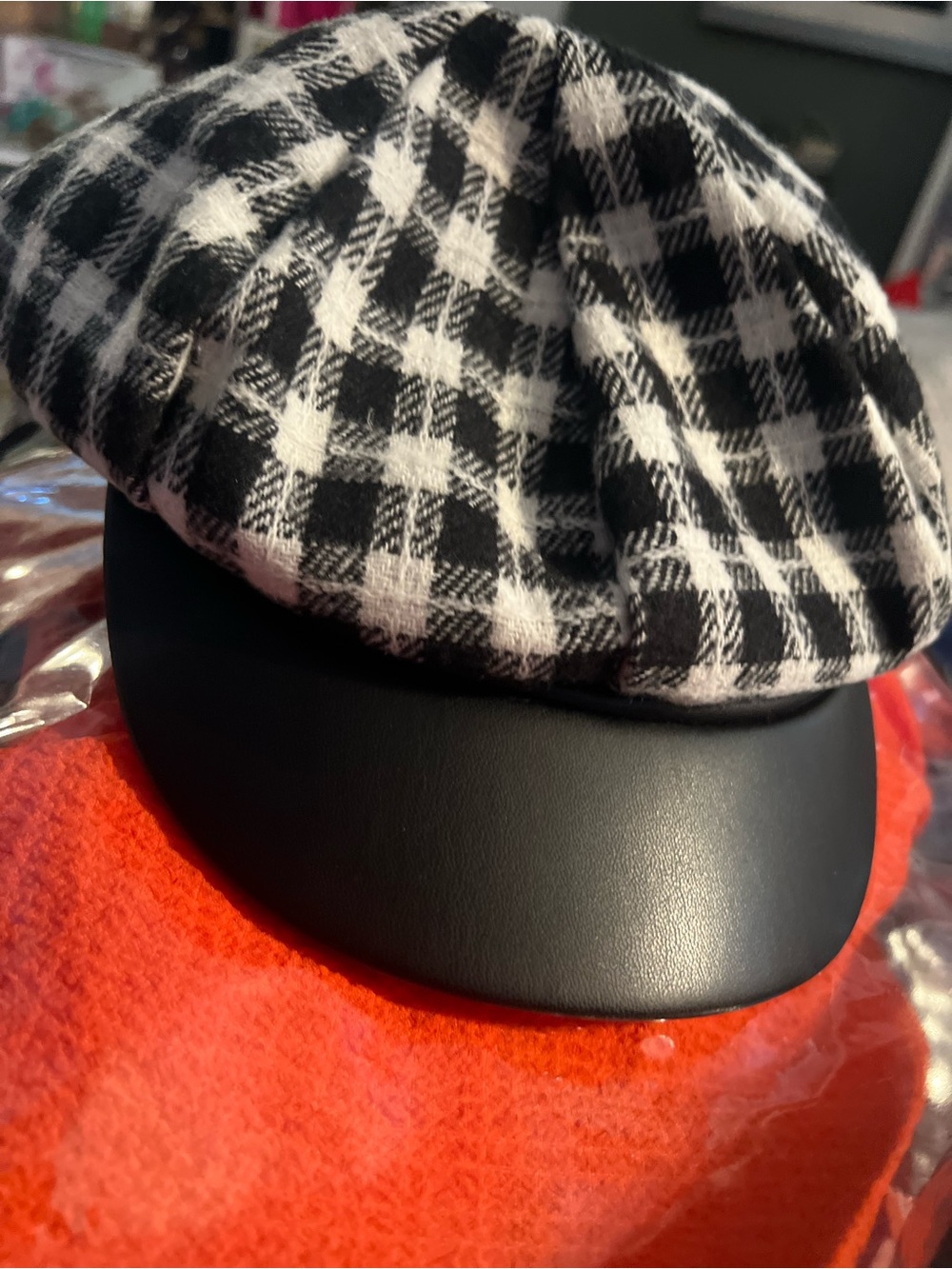 Black & White Gingham Newsboy Cap with Black Brim - Picture 2 of 4
